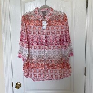 Chico's Red and White Notched Collar 3/4 Sleeve Top